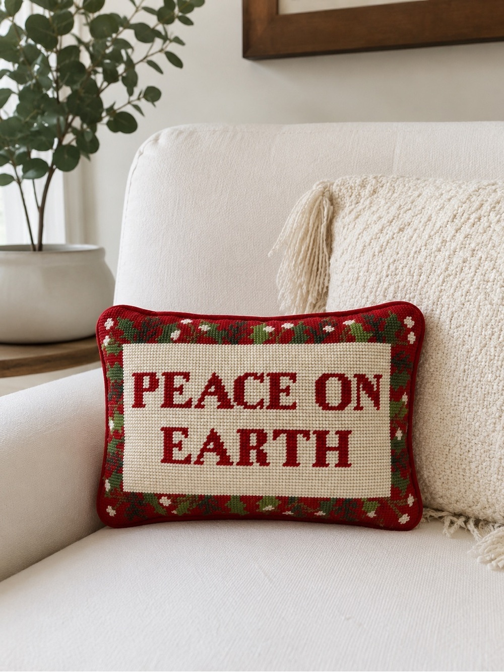 NWT needlepoint Christmas pillow small 8x11 inches peace on earth